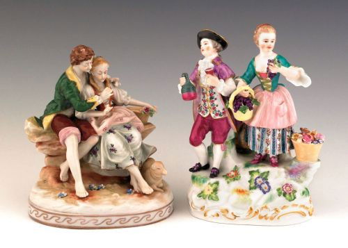 Two painted porcelain figural groups, Meissen cro: Two painted porcelain figural groups, Meissen crossed swords mark and E&A Muller, 6 1/4'' h. and 5 1/2'' h.
