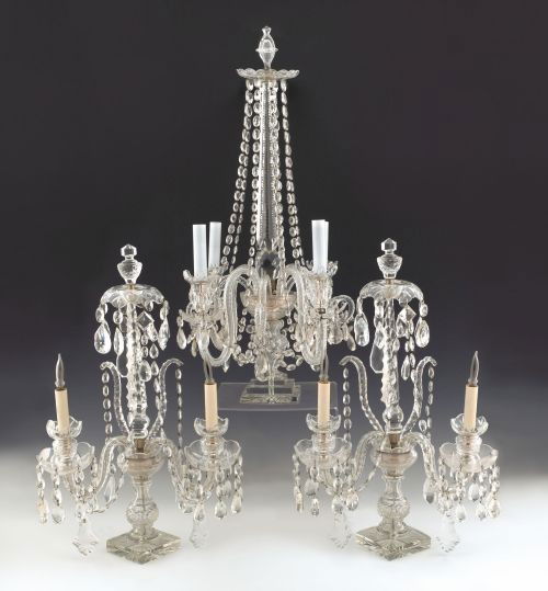 Three-piece crystal candelabra garniture set, two: Three-piece crystal candelabra garniture set, two - 22 1/2'' h. and 28 1/2'' h.