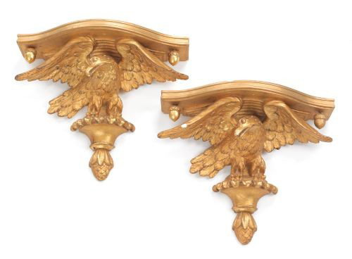 Pair of gilt plaster eagle wall shelves, 11'' h.,: Pair of gilt plaster eagle wall shelves, 11'' h., 14'' w.