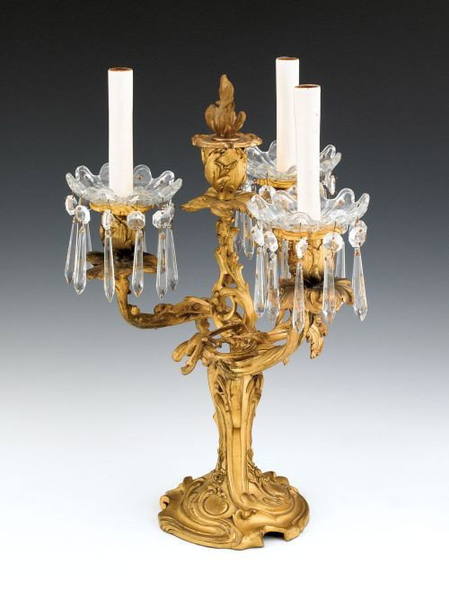Crystal and ormolu candelabra, 16'' h.: Crystal and ormolu candelabra, 16'' h.