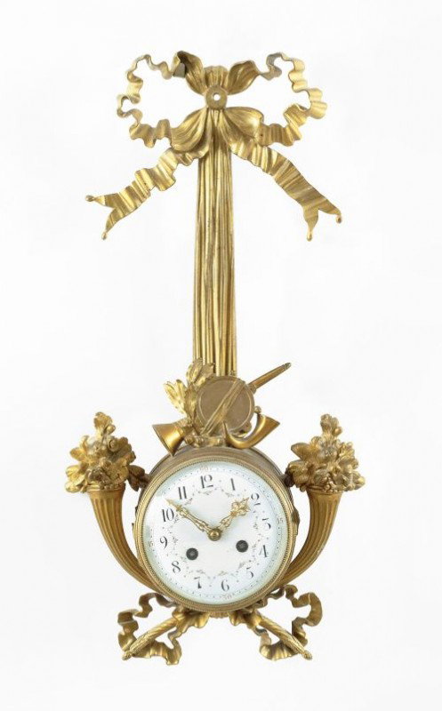 French ormolu wall clock, late 19th c., 21'' h.: French ormolu wall clock, late 19th c., 21'' h.