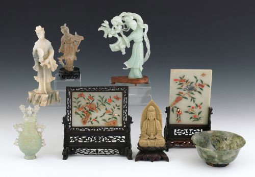 Collection of Chinese carved jade and stone to in: Collection of Chinese carved jade and stone to include table screens, guanyin, etc., tallest - 10'' h.