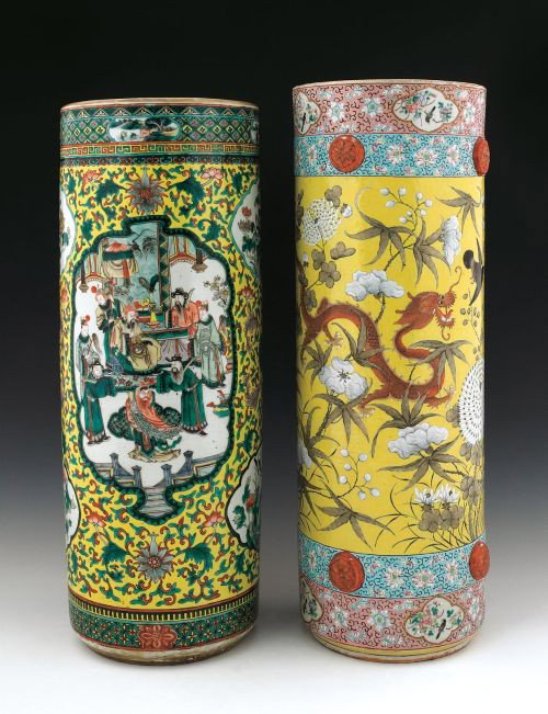 Two Chinese porcelain famille jaune umbrella stan: Two Chinese porcelain famille jaune umbrella stands, 24'' h., 25'' h.