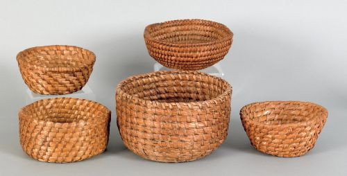 Five Pennsylvania rye straw baskets, 19th c., t