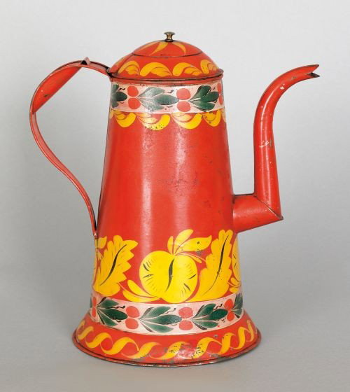Rare red tin toleware lighthouse coffee pot, ear