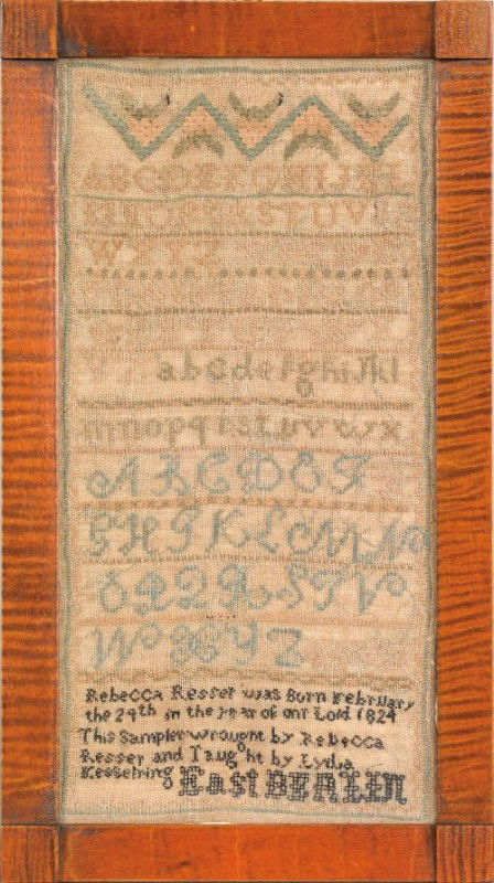 Pennsylvania silk on linen sampler, ca. 1835, w: Pennsylvania silk on linen sampler, ca. 1835, wrought by Rebecca Resser, East Berlin, taught by Lydia Kesselring, 16 3/4'' x 8 1/4''.