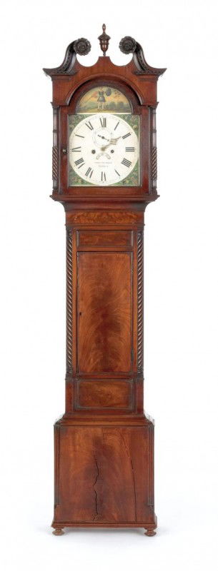 Irish mahogany tall case clock, early 19th c.,: Irish mahogany tall case clock, early 19th c., the works by John Thomson, Belfast, 91'' h.