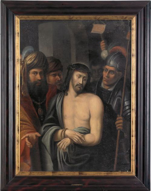 Manner of Theodore Boeyerns, oil on canvas depi: Manner of Theodore Boeyerns, oil on canvas depicting Christ being led to the cross, bearing a Gemeente Museum label verso, 33'' x 24 1/4''.