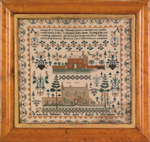 Dramatic English silk on linen sampler dated 182: Dramatic English silk on linen sampler dated 1822, wrought by Jane Mortimer, depicting Horse Hill House Near London and Newton Cottage, 17 1/2'' x 19''.