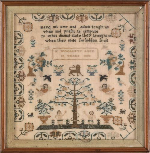 English silk on linen Adam & Eve sampler dated 1: English silk on linen Adam & Eve sampler dated 1828, wrought by H. Woollett, 11'' x 10 1/2''.