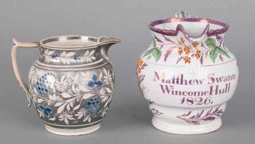 Luster pearlware pitcher, 19th c., inscribed M: Luster pearlware pitcher, 19th c., inscribed Mathew Swann Wincome Hull 1826, 5 1/2'' h., together with a silver resist pitcher, 4 3/8'' h., and a Wedgwood luster teapot, 5 1/2'' h.