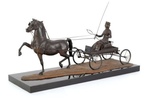William Dewitt (American, 20th c.), bronze Morg: William Dewitt (American, 20th c.), bronze Morgan show horse and carriage, 22'' l.