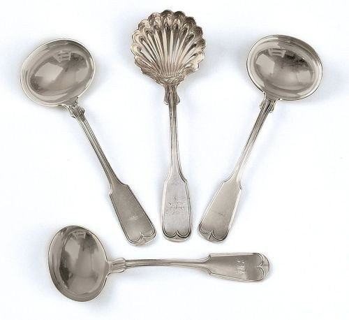 Philadelphia silver sauce ladle with shell bowl: Philadelphia silver sauce ladle with shell bowl by R&W Wilson, together with a pair of sauce ladles by Marquand & Co., New York and a sauce ladle by John Farr, Philadelphia, 10.1 ozt.