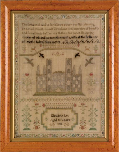 English silk on linen sampler dated 1835, wroug: English silk on linen sampler dated 1835, wrought by Elizabeth Leo with large central castle, 17 1/4'' x 12 3/4''.