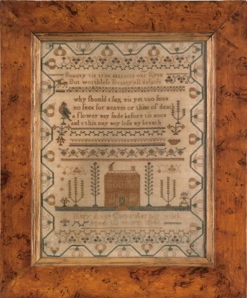 English silk on linen sampler dated 1841, wroug: English silk on linen sampler dated 1841, wrought by Mary Ann Carpenter with a central house flanked by trees and a figure, 16 1/2'' x 12 1/2''.