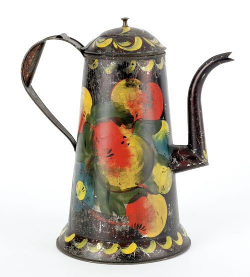 Pennsylvania tole decorated gooseneck coffee pot: Pennsylvania tole decorated gooseneck coffee pot, 19th c., possibly by Filley, 10 1/2'' h.