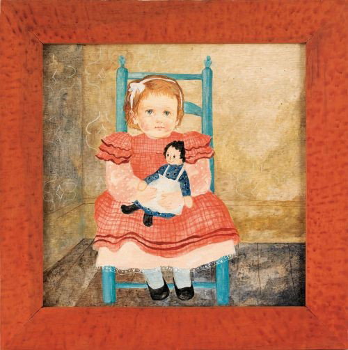 Jeanne Davies (Pennsylvania, b. 1936), oil on b: Jeanne Davies (Pennsylvania, b. 1936), oil on board of a young girl and her doll, signed lower right, 15'' x 15''.