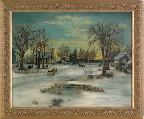 Oil on canvas primitive winter landscape, late 1: Oil on canvas primitive winter landscape, late 19th c., titled Christmas Eve, initialed M.A.H., 24'' x 30''.