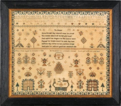 English silk on linen sampler dated 1831, wroug: English silk on linen sampler dated 1831, wrought by Eliza Orpe, 12 1/2'' x 14 1/4''.