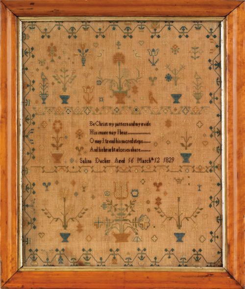 Silk on linen sampler dated 1829, wrought by Sa: Silk on linen sampler dated 1829, wrought by Salina Ducker, 20 3/4'' x 16 1/2''.