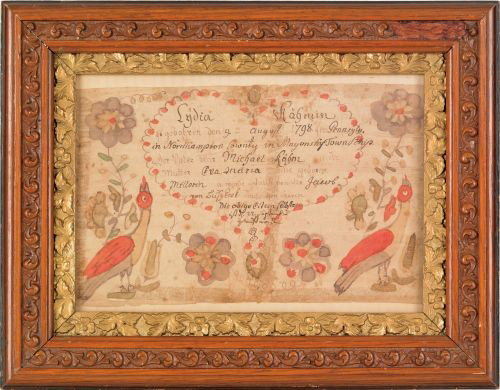 Friederich Krebs (Southeastern Pennsylvania, act: Friederich Krebs (Southeastern Pennsylvania, active 1784-1812), watercolor and ink on paper fraktur birth record with central heart enclosing script, flanked by typical birds and floral vines, dated 1