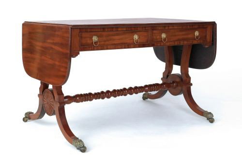 Philadelphia Federal mahogany sofa table, ca. 18: Philadelphia Federal mahogany sofa table, ca. 1810, with four drawers and ring turned stretcher with brass animal paw feet, 28'' h., 45'' w., 27 3/4'' d.