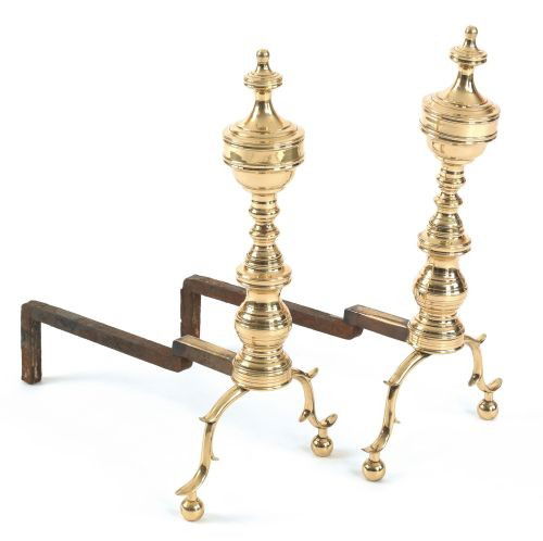 Pair of New England Federal brass andirons, ca.: Pair of New England Federal brass andirons, ca. 1815, 21'' h.