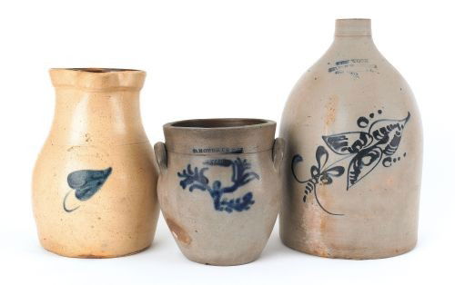 Three pieces of blue decorated stoneware, 19th c: Three pieces of blue decorated stoneware, 19th c., to include D. Roberts & Co., Utica Crock, 9'' h., Seymour & Bosworth two gallon pitcher, 12 1/2'' h. and NY Stoneware Co. Fort Edward, 16'' h.