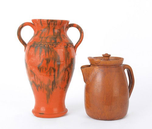 North Carolina redware pitcher by M.L. Owens, 9'': North Carolina redware pitcher by M.L. Owens, 9'' h., together with a two-handled vase, attributed to Owens, 14'' h.