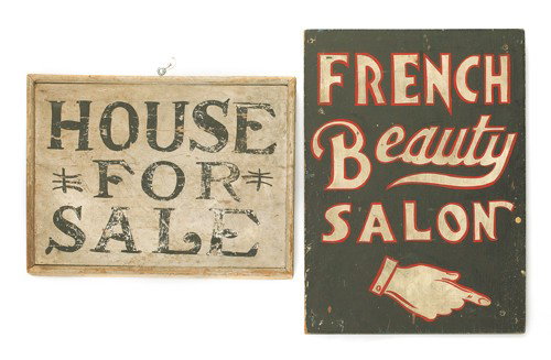 Two wood trade signs to read French Beauty Salon: Two wood trade signs to read French Beauty Salon and House for Sale, 20'' x 14'' and 13'' x 17''.
