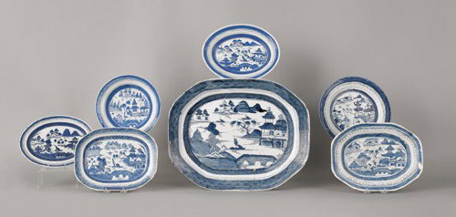Seven pieces of Chinese export Canton porcelain, : Seven pieces of Chinese export Canton porcelain, 19th c., platter (ironstone) - 15'' l., 18 3/4'' w.