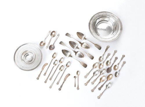 Two sterling silver bowls, together with five R&W: Two sterling silver bowls, together with five R&W Wilson serving spoons and a group of miscellaneous sterling flatware, 56.9 ozt.