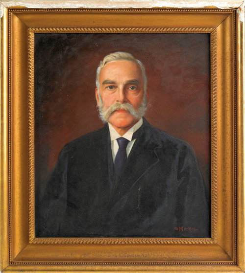 Otto Merkel, early 20th c., pair of oil on canvas: Otto Merkel, early 20th c., pair of oil on canvas portraits of a husband and wife dated 1921, 24'' x 20''.