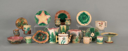 Large collection of majolica, leaf, fern, shell, : Large collection of majolica, leaf, fern, shell, corn patterns.