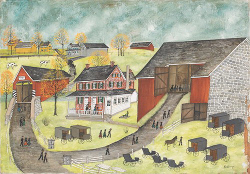 Dolores Hackenberger, oil on canvas Amish farm sc: Dolores Hackenberger, oil on canvas Amish farm scene, 22'' x 30''.
