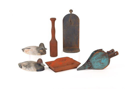 Painted knife tray, together with two decoys, bel: Painted knife tray, together with two decoys, bellows, wall shelf, and masher.