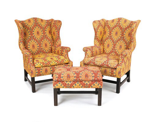 Pair of Chippendale style wing chairs, together w: Pair of Chippendale style wing chairs, together with a matching footstool.