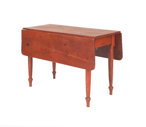 Sheraton red painted drop leaf table, 19th c., 28: Sheraton red painted drop leaf table, 19th c., 28 1/2'' h., 42'' w., 19 1/2'' d.