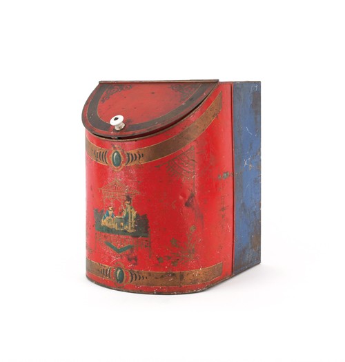 Tole painted tea bin, 19th c., 16 1/2'' h., 12'' w: Tole painted tea bin, 19th c., 16 1/2'' h., 12'' w.