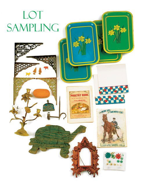 Miscellaneous group to include iron shelf bracket: Miscellaneous group to include iron shelf brackets, 1950's trays, turtle cutting board, brass candelabra, putz animals, etc.