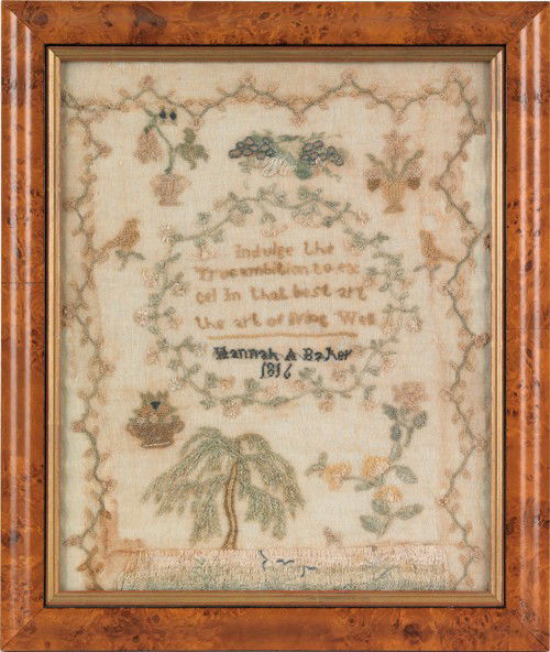 Silk on linen sampler dated 1816, wrought by Ha: Silk on linen sampler dated 1816, wrought by Hannah A. Baker, 14'' x 11 1/2''.