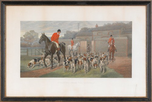 Lithograph fox hunt after A.E. Douglas, 14'' x 2: Lithograph fox hunt after A.E. Douglas, 14'' x 27 1/2'', together with a coach print after Pollard, 14'' x 21 1/2''.