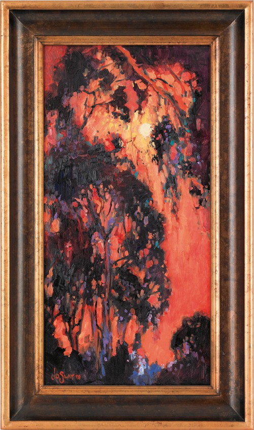 James D. Slay (American, b. 1953), oil on canvas : James D. Slay (American, b. 1953), oil on canvas titled Eucalyptus Nocturne Long Beech, signed lower left, 24'' x 12''.