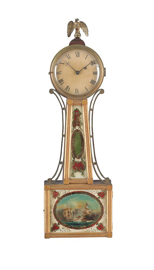 Federal mahogany banjo timepiece, early 19th c.: Federal mahogany banjo timepiece, early 19th c.