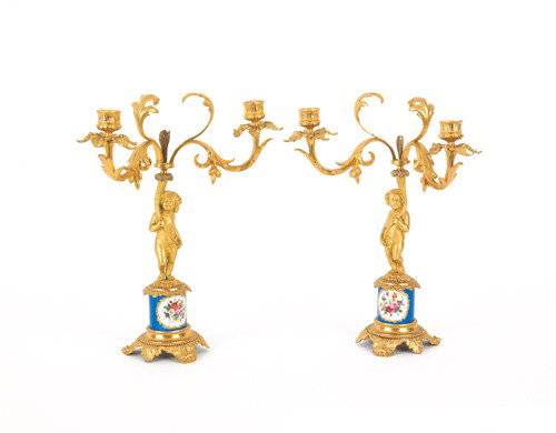 Pair of French ormolu and porcelain candelabra, e: Pair of French ormolu and porcelain candelabra, early 20th c., 14 1/2'' h.