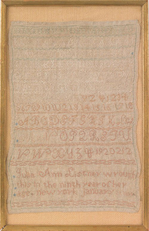 New York silk on linen sampler dated 1834, wrou: New York silk on linen sampler dated 1834, wrought by Julia Ann Listner, 16'' x 10 1/2''.