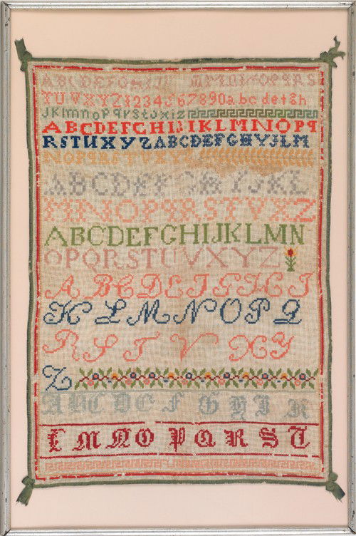 Large wool alphabet sampler, 19th c., 29'' x 21''.: Large wool alphabet sampler, 19th c., 29'' x 21''.