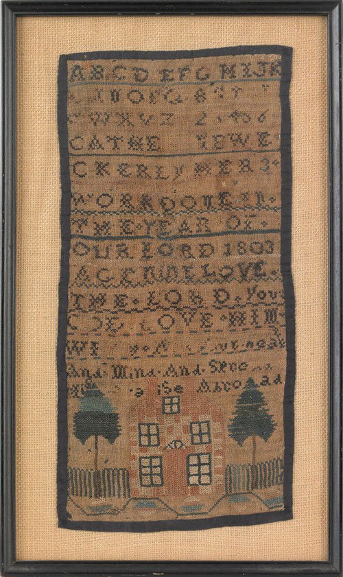 Two silk on linen samplers, 19th c., 16 1/2'' x 8': Two silk on linen samplers, 19th c., 16 1/2'' x 8'' and 16'' x 7 1/2''.