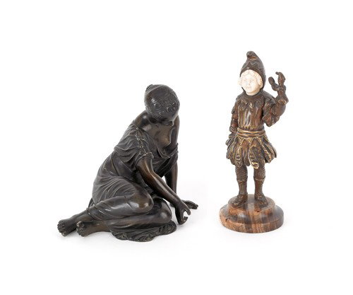 Georges Omerth (French, fl. 1895-1925), bronze an: Georges Omerth (French, fl. 1895-1925), bronze and ivory of a child with a puppet, 7 1/2'' h., together with a bronze maiden, signed Martin, 6'' h.