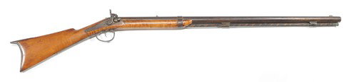 Twelve gauge, half-stock percussion fowler with r: Twelve gauge, half-stock percussion fowler with rifle sights, back action lock, and large trigger guard, 35'' round barrel, together with sixteen gauge half-stock percussion fowler with back action lo